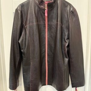 Lucien Piccard XL Brown Genuine Leather Moto Jacket Pink Zip